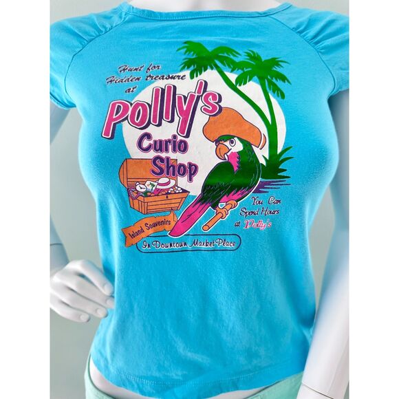 Vintage Y2k Polly's Curio Shop Graphic Tee Turquoise Women's Baby Tee size XS - Picture 3 of 5
